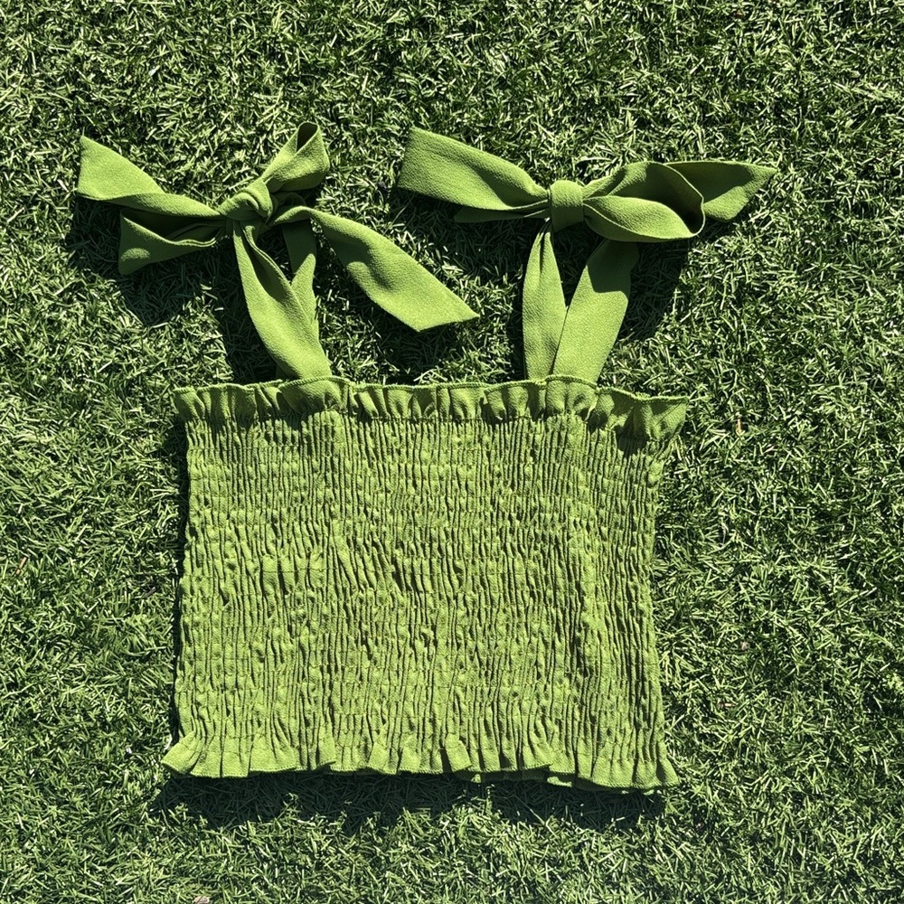 Green Smocked Bow-Tie Strap Top